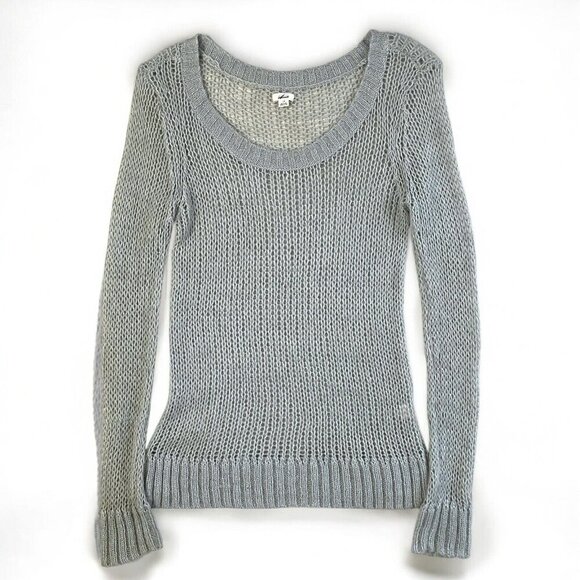 Aerie Retro Y2K Open Knit Sweater Womens L Gray Green Long Coastal Beach Ribbed - Picture 1 of 10